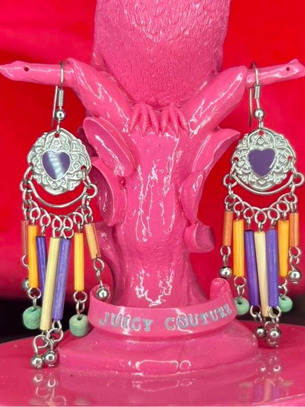 Vintage Purple silver hoop heart earrings with colorful beads and charms